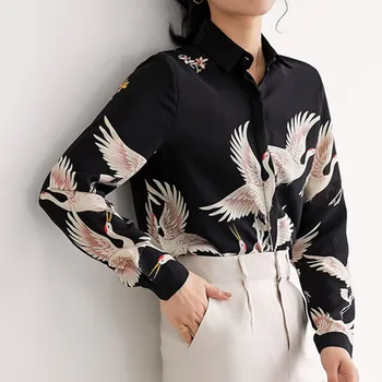 2020 Poletje Harajuku Chic Vintage Žerjav Natisnjeni Moda Za Ženske Bluze, Majice Dolgi Rokav, Šifon Geometrijske Svoboden Femme