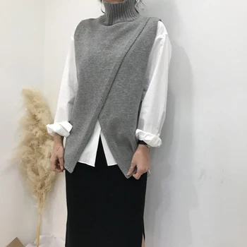 Korejski Moda Prekrivajo Brez Rokavov Jopica Telovnik Puloverji Moda 2018 Ženske Turtleneck Pulover Skakalec Pleteni Pulover Pulover