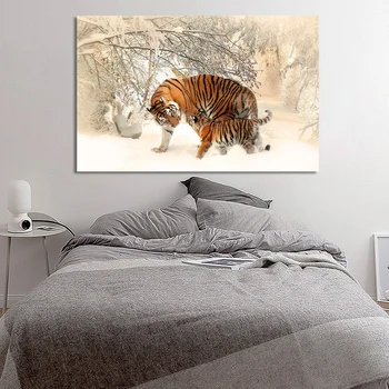 Živali Plakatov in Fotografij Wall Art Platno Slikarstvo Cvetje Dve Tigri v Snegu Slike za Dnevni Sobi Doma Dekor Brez Okvirja