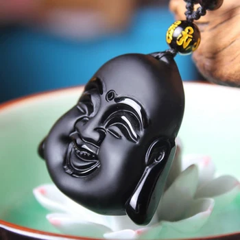 Naravni Kamen Mat Črni Obsidian Buda Glavo, Ogrlico, Obesek, Čar Kitajskega budizma zen srečno Trendy Obesek Za Moške/Ženske