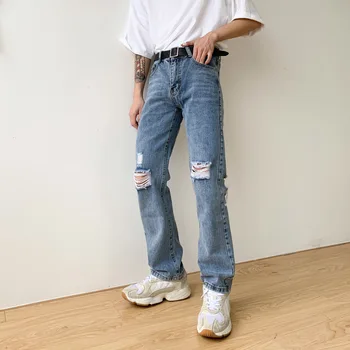 Moški Vintage Moda Priložnostne Zdrobljen Luknjo Naravnost Jeans Hlače Moški Japonska Koreja Slog Ulične Hip Hop Traper Hlače Moto Hlače