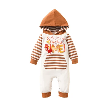 FOCUSNORM Zahvalni Dan za Malčke Baby Dekleta, Fantje, igralne obleke Risanka Vzorec Tiskanja Long Sleeve Hooded Jumpsuits