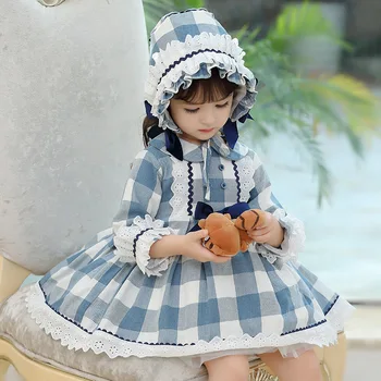 Yoliyolei Dolge Rokave Kariran Lolita Obleko Modra Spainish Priložnostne Otroci Klobuk Dekle Lolita Retro Otroci Obleke za Pomlad Jesen