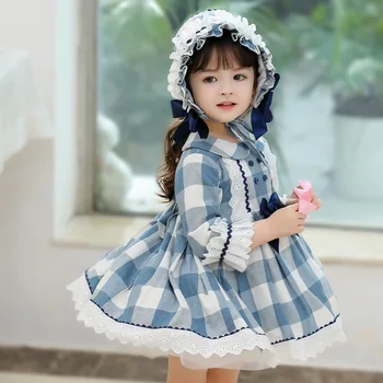 Yoliyolei Dolge Rokave Kariran Lolita Obleko Modra Spainish Priložnostne Otroci Klobuk Dekle Lolita Retro Otroci Obleke za Pomlad Jesen