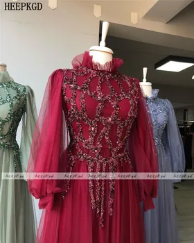 Luksuzni Kristali Burgundija Muslimanskih Večerno Obleko Visoko Vratu Dolgimi Rokavi Ženske Formalnih Obleke Plus Velikost Maturantski Obleki Haljo De Soiree