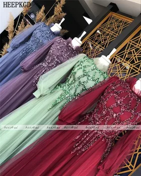Luksuzni Kristali Burgundija Muslimanskih Večerno Obleko Visoko Vratu Dolgimi Rokavi Ženske Formalnih Obleke Plus Velikost Maturantski Obleki Haljo De Soiree