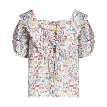 TWOTWINSTYLE Cvjetnim Tiskanja Mozaik Ruffle Bluzo Za Ženske O Vratu Kratko Sapo Rokavi Ženske Bluze 2020 Poletje Moda Nova