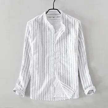 2018 Nov prihod casual men ' s črtasto majico majhne stand ovratnik bombaž perilo majica mens beli žep srajce moški camisa srajca
