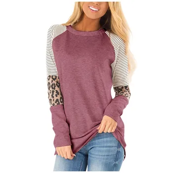 Nov slog ženska tshirts Priložnostne Svoboden O-vratu Šivanje leopard Natisnjeni Dolg Rokav T-shirt visoko kakovost oblačil za ženske топ