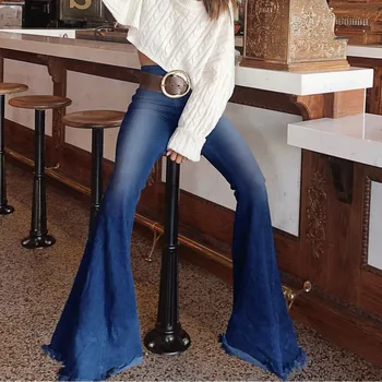 Ženske, Visoka vitka Flare Hlače Jeans Stretch Prevelik Sežgati Traper Hlače Ženske Vintage Oprana Bombaž Denim Jeans Hlače