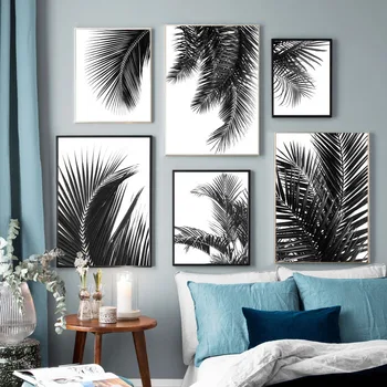 Črno bel Palmovih listov Rastlin Nordijska Plakatov In Fotografij Minimalističen Wall Art Platno Slikarstvo Stenske Slike Za Dnevna Soba Dekor