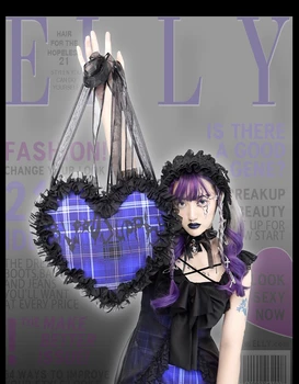 Temno Modra Srce Oblike Sweet Lolita Kawayii Harajuku Gothic Goth Cosplay Vrečke Dekleta Študentov