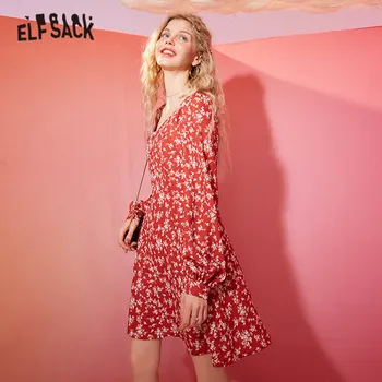 ELFSACK Rdeče Cvetlični Visoko Pasu Šifon Priložnostne Boho Ženske obleke 2020 Pomladni Vintage Luč Rokav korejski Girly Počitnice Obleke