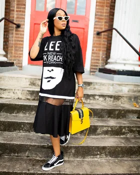 Afriške Hip Hop T-shirt Obleko Ženske Harajuku Rock Dolgo Tee Novo Pol Rokav Svoboden Vrhovi Ples Barve Blok Ulične Afriki