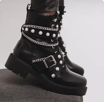 čipke gor čevlji gothic škornji ženske pearl platforma čevlji, Visoke Pete zimske čevlje motocikel Gleženj Škornji, nepremočljiva škornji AB897