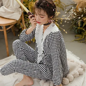 Ženske zdravstvene Nege Pyjama Tanko Bombaž Porodniškega Oblačila, Čipke Pižame z Dolgimi Rokavi Nightgown Kariran Porodu Ženske Loungewear