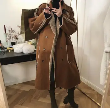 Dvojno rabo umetno jagnje krzno zimske ženske coat plus velikost dolgo harajuku coats kaki krpanje oblačil vintage elegantno jeseni outwear