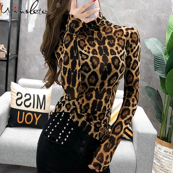 Jeseni, Pozimi Evropske Oblačila T-shirt Seksi Leopard Tiskanja Mozaik Očesa Ženske Vrhovi Ropa Mujer Dno Majica Tees 2020 T08706L