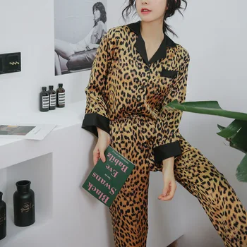 Ženske 2PCS Pižamo bo Ustrezala Priložnostne Doma Hišna Obleke Leopard Tiskanja Poln Rokav Zavoj navzdol Ovratnik Shirt&Sopihanje Letnik Sleepwear