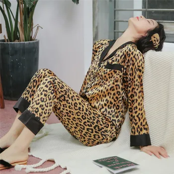 Ženske 2PCS Pižamo bo Ustrezala Priložnostne Doma Hišna Obleke Leopard Tiskanja Poln Rokav Zavoj navzdol Ovratnik Shirt&Sopihanje Letnik Sleepwear