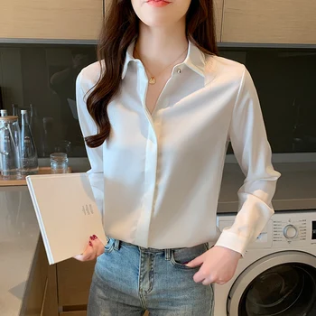 Pomlad korejski Moda Svile Ženske Bluze Saten Trdna Womens Vrhovi in Bluze Plus Velikost XXXL Urad Dama Dolgimi Rokavi Ženske Majice