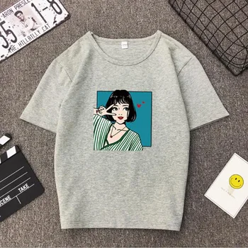 Korejski Slog Žensk Tshirt Pomlad Poletje Modni Tisk Kratek Rokav O Vratu Bombaža Ženske Vrhovi Priložnostne Svoboden Tee shirt Femme