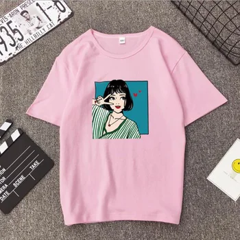 Korejski Slog Žensk Tshirt Pomlad Poletje Modni Tisk Kratek Rokav O Vratu Bombaža Ženske Vrhovi Priložnostne Svoboden Tee shirt Femme