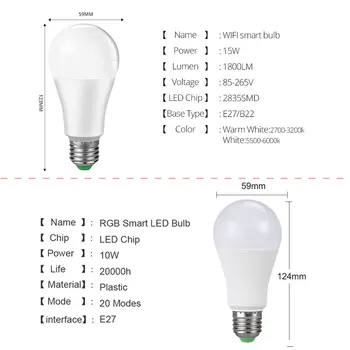 E27 LED Žarnica Smart WIFI Žarnice RGB 15W Bluetooth APP Nadzor Pametne Žarnica Svetlobo Svetilke Zatemniti Kuhinjo V Omari Domačo Razsvetljavo