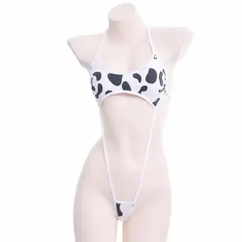 Kawaii Črno Belo Kravo, Tiskanje Mini Backless Enem Kosu Mikro Bikini Jumpsuit Erotično Sex Kostume Obleka za Ženske Seksi Perilo