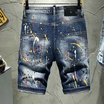 KIOVNO Poletje Moških High Street Raztrgala Traper Hlače Olje Naslikal Kratke Jeans Za Moške Oprati