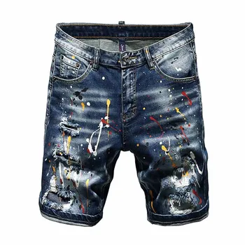 KIOVNO Poletje Moških High Street Raztrgala Traper Hlače Olje Naslikal Kratke Jeans Za Moške Oprati