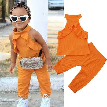 Malčka Otrok Baby Girl Obleke, Kompleti Ruffles Trdna brez Rokavov Vrhovi+Dolge Hlače, Obleke 2pcs Se