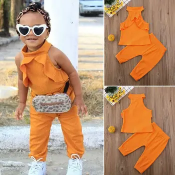 Malčka Otrok Baby Girl Obleke, Kompleti Ruffles Trdna brez Rokavov Vrhovi+Dolge Hlače, Obleke 2pcs Se