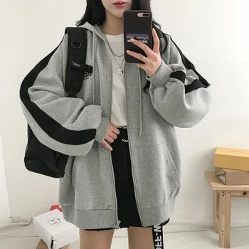 Korejski Hoodie Študent Obrabe Plus Žamet Pozimi Toplo Žep Prugasta Harajuku Japonska Hoodie Moda Sivo Long Sleeve Majica