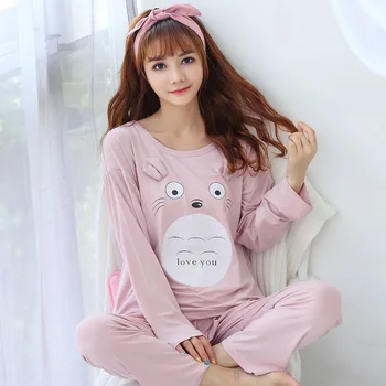 2019 Pomlad Jesen Dolg Rokav Tanke Pajama Kompleti za Ženske Luštna Dekleta Risanka Totoro Sleepwear Homewear Pijama Mujer Domov Oblačila