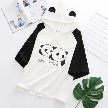 Nov Poletni Japonskem Stilu Risanke T-majice Študent Sladko Risanka Panda Tiskanja Kratek Sleeve Hooded Tees Ženski Harajuku Svoboden Tshirt