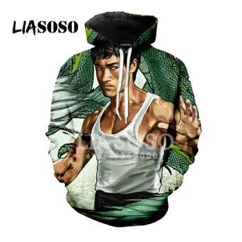 LIASOSO Novo Hoodie Majica 3D Tiskanja Unisex Bruce Lee Li Xiaolong Kongfu Star Hooded Hoodies Hipster Priložnostne Vrhnjih oblačil A167