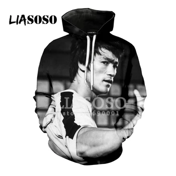 LIASOSO Novo Hoodie Majica 3D Tiskanja Unisex Bruce Lee Li Xiaolong Kongfu Star Hooded Hoodies Hipster Priložnostne Vrhnjih oblačil A167