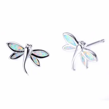 Trgovini 925 Sterling Silver Blue/White Opal Živali Stud Uhani Majhen, Eleganten Srčkan Dragonfly Ženske Uhani