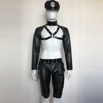 3 kos Seksi Kostumi Mens Policija Cosplay Črna Vinil Usnje Policijske Uniforme Plus Velikost Erotično noč Čarovnic Klub Pole Dance Obleke Moške