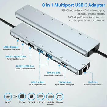 8in1 Multiport Tip C Do 87W PD Hitro Polnjenje USB-C 4K HDMI je Združljiv Adapter RJ45 Fast Ethernet TF SD USB 3.0 Hub Za Macbook