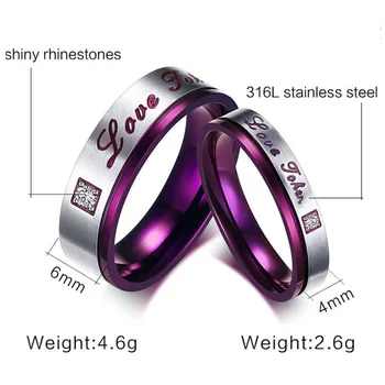 Moda Edinstven par obročev za moške, ženske, iz nerjavnega jekla CZ zaročni prstan Vijolična