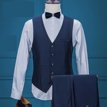 Mens Obleke 2019 Poroka Obleke Za Moške Šal Ovratnikom 3 Kos Slim Fit Modro Oblačilo Moški Jopičem Jakno Za Poroko(Blazer+Hlače+Telovnik)