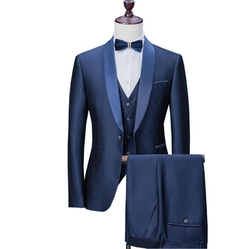 Mens Obleke 2019 Poroka Obleke Za Moške Šal Ovratnikom 3 Kos Slim Fit Modro Oblačilo Moški Jopičem Jakno Za Poroko(Blazer+Hlače+Telovnik)