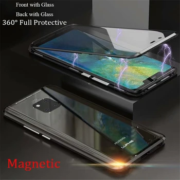 Za Huawei Mate 20 Pro Magnetic Primeru Sprednji+Zadnji dvostranski Kaljeno Steklo Ohišje za Huawei P30 Pro Čast 20 20i Kovinski Odbijača