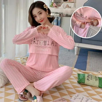 Porodniški Pijamas Pomlad Jesen Sleepwear Nastavite Ženske Pižame Porodniškega Obleko Z Dolgimi Rokavi Zdravstvene Nege More Dojenje Oblačila