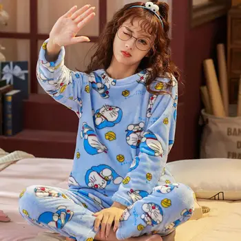 Tonngirls Japonski Risani Doraemon Pomlad Zima Homewear Sleepwear Žamet Pižame Ženske 2021 Novo More Obleko Za Ženske