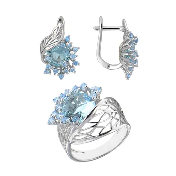 Huadie nakit set z zircons. Ženski uhani s kamni in širok obroč z modro cvet. Nakit 2021