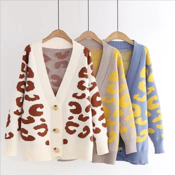 ženske Leopard tiskanja Jopico svoboden nov slog pleteni pulover moda plašč jeseni, pozimi topla oblačila