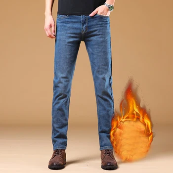 Pozimi toplo flanela stretch kavbojke visoke kakovosti moške zimski flis hlače ravne noge zgrinjati hlače jeans